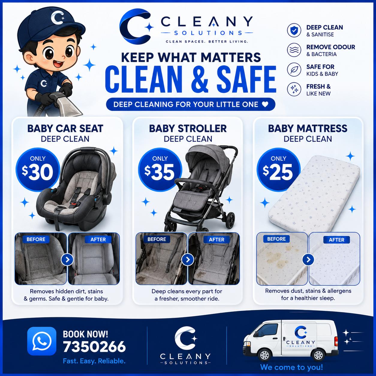 Cleany Solutions baby car seat, stroller and mattress deep-cleaning services