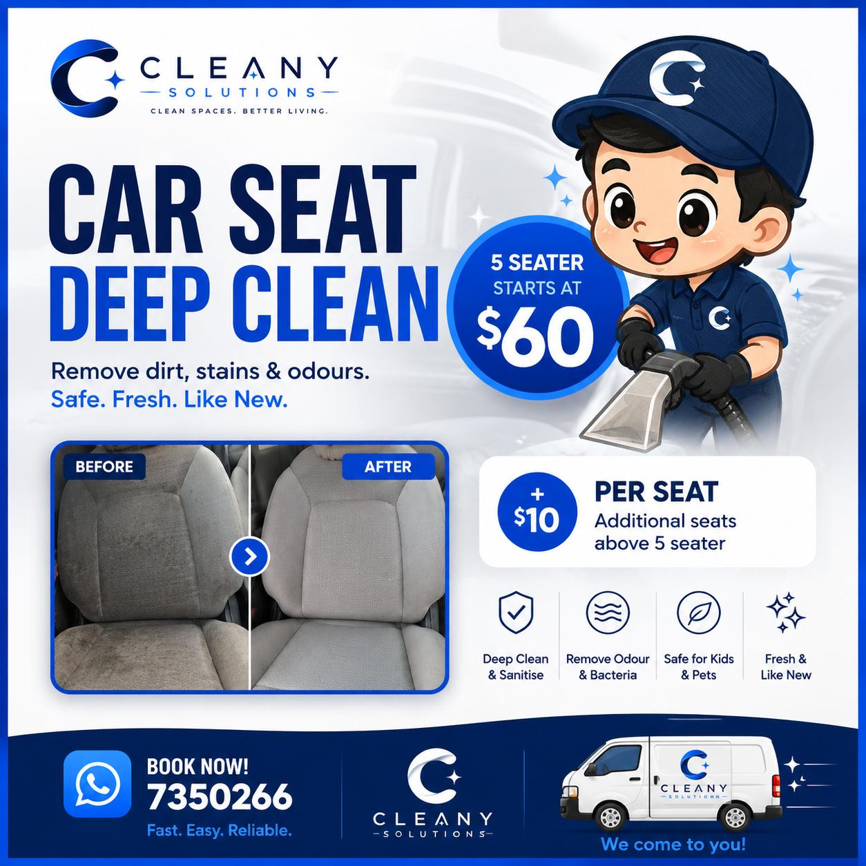 Cleany Solutions car seat deep-cleaning service and before-and-after result